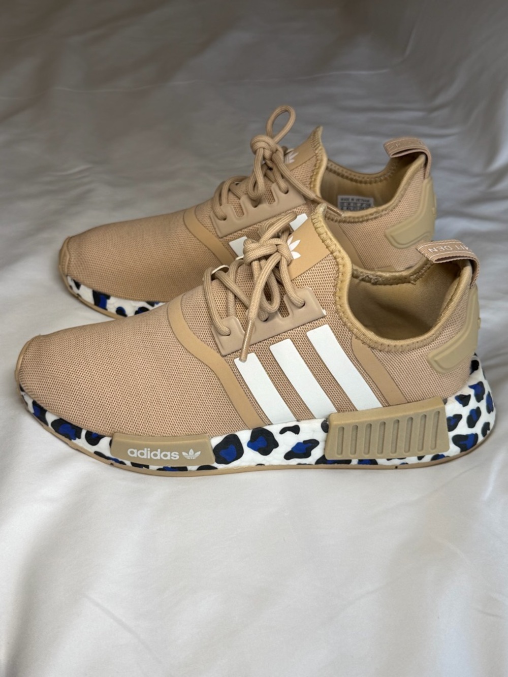 Adidas Beige Sneakers with Blue Leopard Midsole